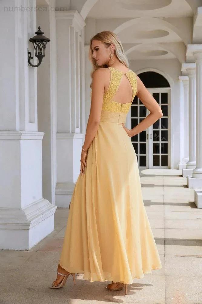 Ladies Lace Chiffon Round Neck Sleeveless Floor Length Bridesmaid Prom Evening Dress Wedding Party Beach 28106 by numbersea