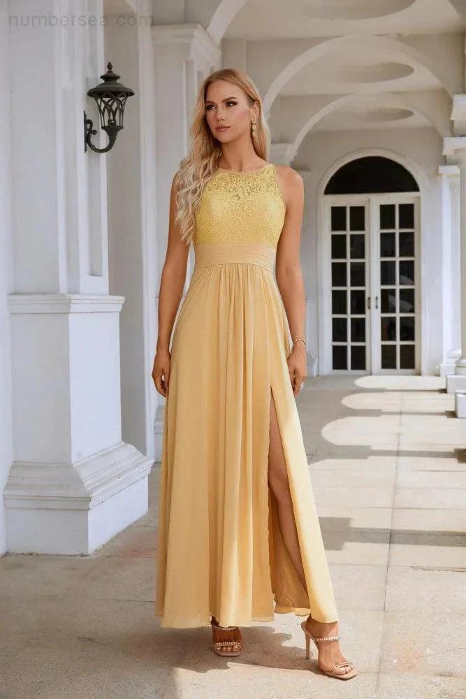 Ladies Lace Chiffon Round Neck Sleeveless Floor Length Bridesmaid Prom Evening Dress Wedding Party Beach 28106 by numbersea