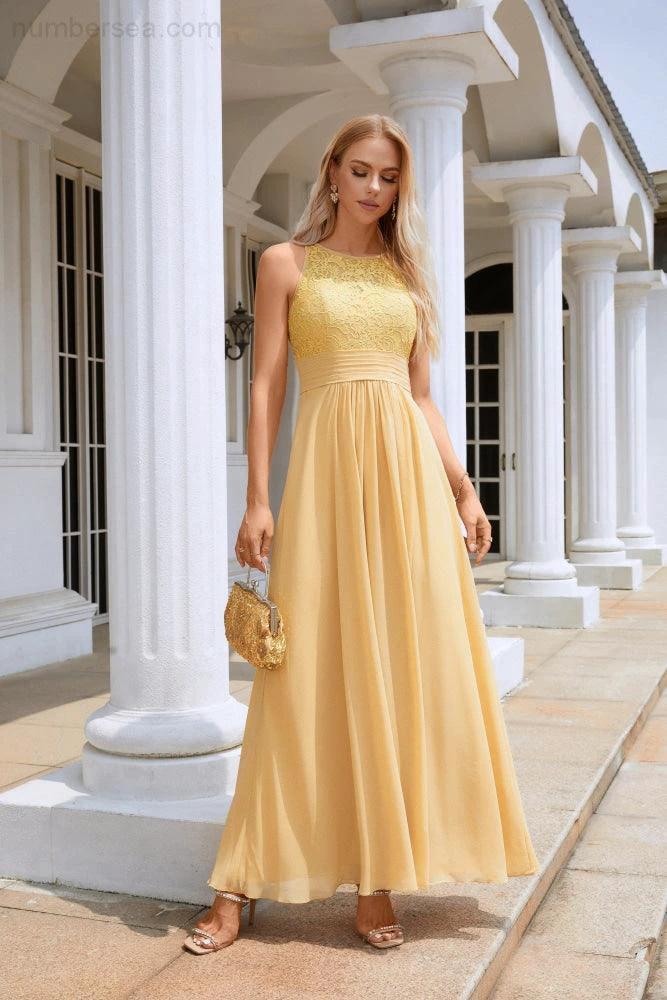 Ladies Lace Chiffon Round Neck Sleeveless Floor Length Bridesmaid Prom Evening Dress Wedding Party Beach 28106 by numbersea