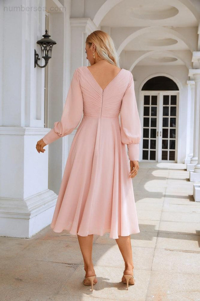 Women Chiffon V Neck Long Sleeves Knee Length Bridesmaid Prom Evening Dress Wedding Party Shopping SY28107 Main Image