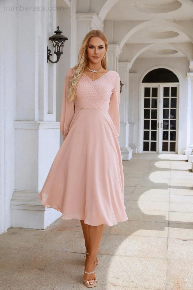 Women Chiffon V Neck Long Sleeves Knee Length Bridesmaid Prom Evening Dress Wedding Party Shopping SY28107 by numbersea