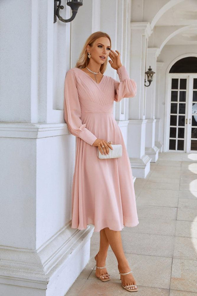 Women Chiffon V Neck Long Sleeves Knee Length Bridesmaid Prom Evening Dress Wedding Party Shopping SY28107 Hover Image