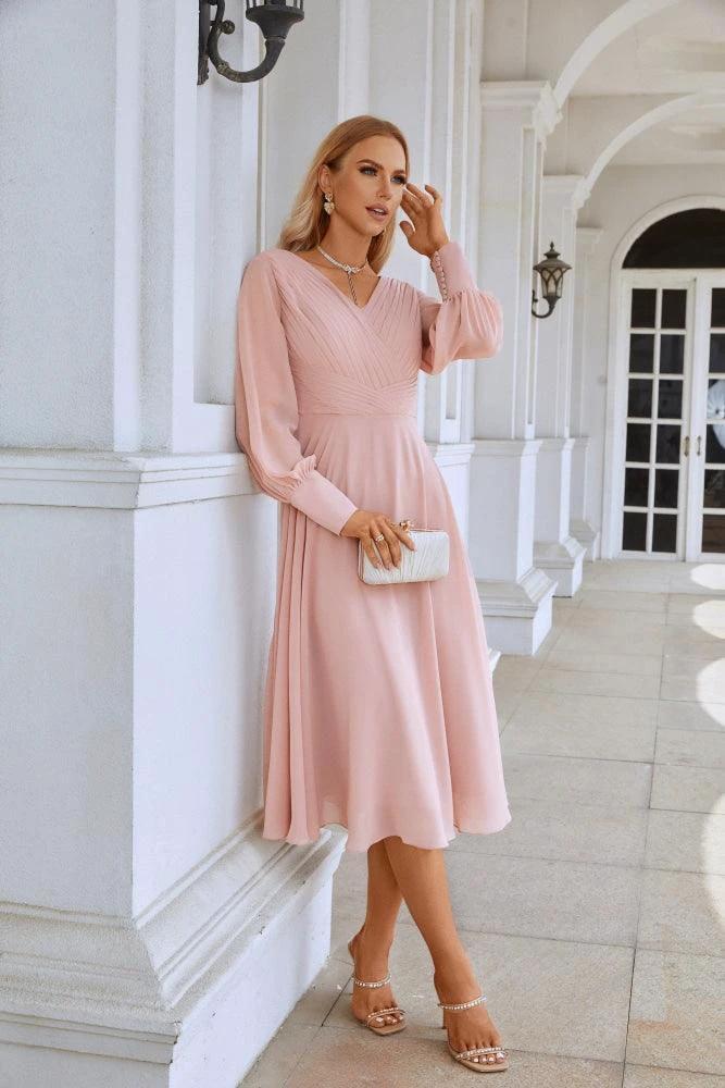 Women Chiffon V Neck Long Sleeves Knee Length Bridesmaid Prom Evening Dress Wedding Party Shopping SY28107 by numbersea