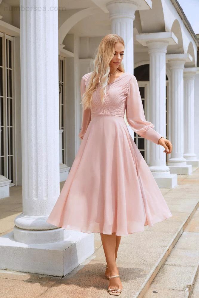 Women Chiffon V Neck Long Sleeves Knee Length Bridesmaid Prom Evening Dress Wedding Party Shopping SY28107 by numbersea