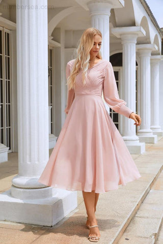 Women Chiffon V Neck Long Sleeves Knee Length Bridesmaid Prom Evening Dress Wedding Party Shopping SY28107