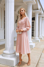 Women Chiffon V Neck Long Sleeves Knee Length Bridesmaid Prom Evening Dress Wedding Party Shopping SY28107 by numbersea