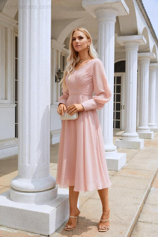 Women Chiffon V Neck Long Sleeves Knee Length Bridesmaid Prom Evening Dress Wedding Party Shopping SY28107