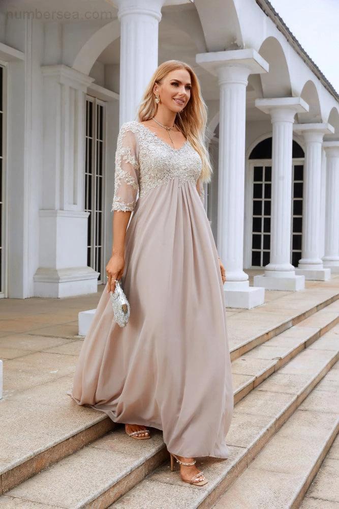 Women Chiffon V Neck Long Half Sleeves Mother of Bride Dress Wedding Wedding Party SY28108 by numbersea