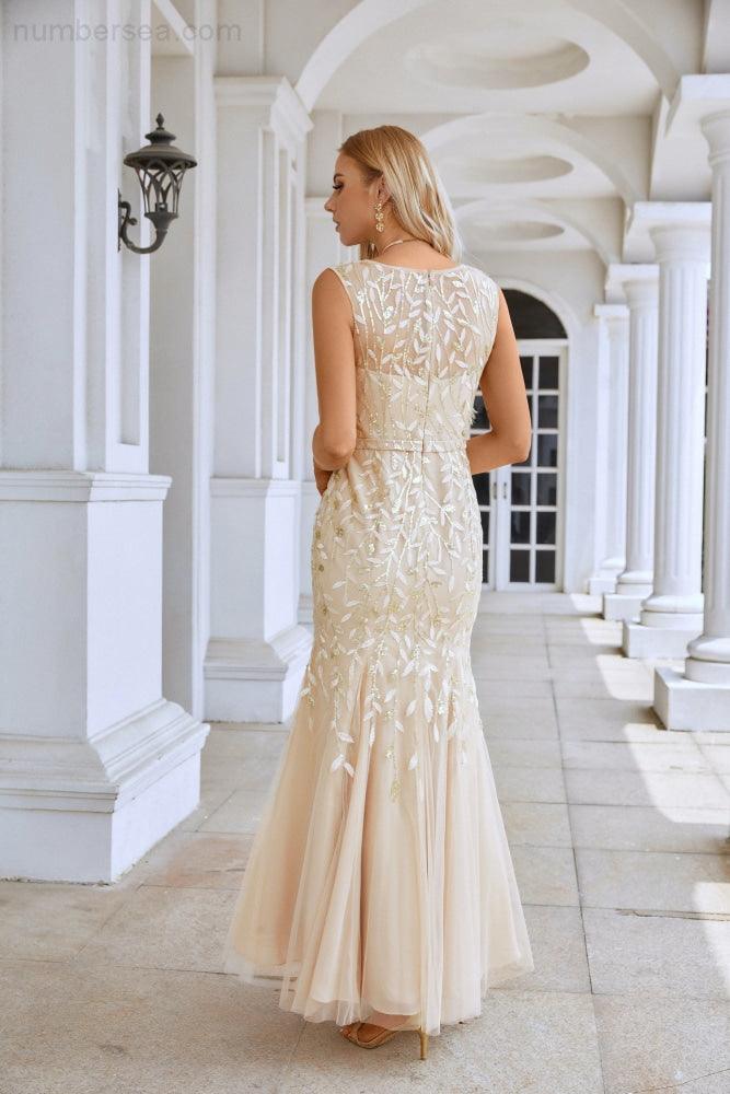 Ladies V Neck Embroidery Sleeveless Floor Length Mermaid Bridesmaid Evening Dress Wedding Party Prom Evening Dress SY28110
