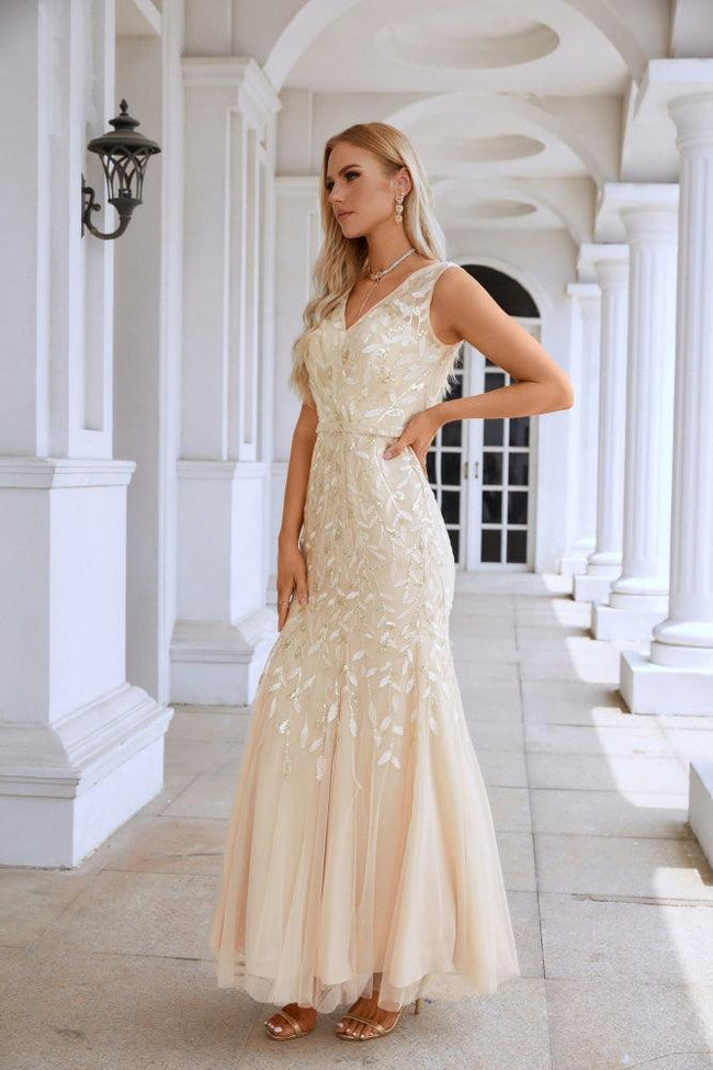 Ladies V Neck Embroidery Sleeveless Floor Length Mermaid Bridesmaid Evening Dress Wedding Party Prom Evening Dress SY28110 Main Image