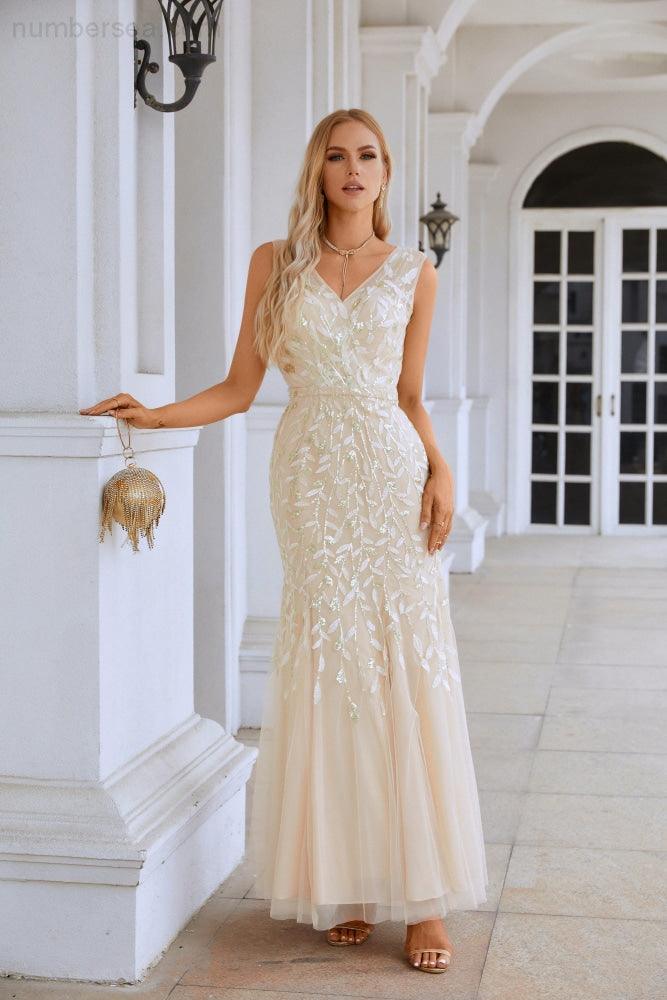 Ladies V Neck Embroidery Sleeveless Floor Length Mermaid Bridesmaid Evening Dress Wedding Party Prom Evening Dress SY28110
