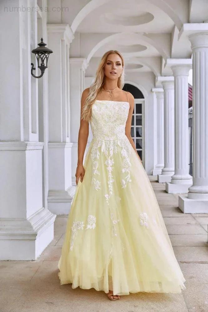 Ladies Spaghetti Strap V Neck Tulle Lace Floor Length Homecoming Dress Prom Wedding Evening Dress 28112 by numbersea