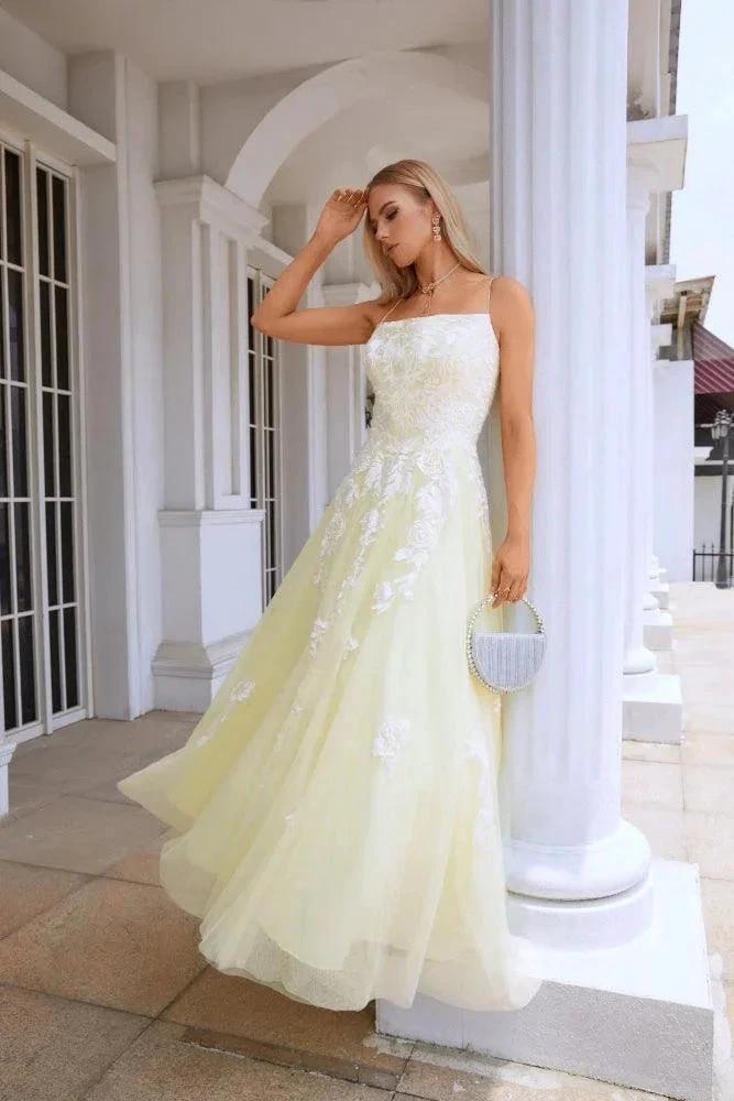 Ladies Spaghetti Strap V Neck Tulle Lace Floor Length Homecoming Dress Prom Wedding Evening Dress 28112 by numbersea