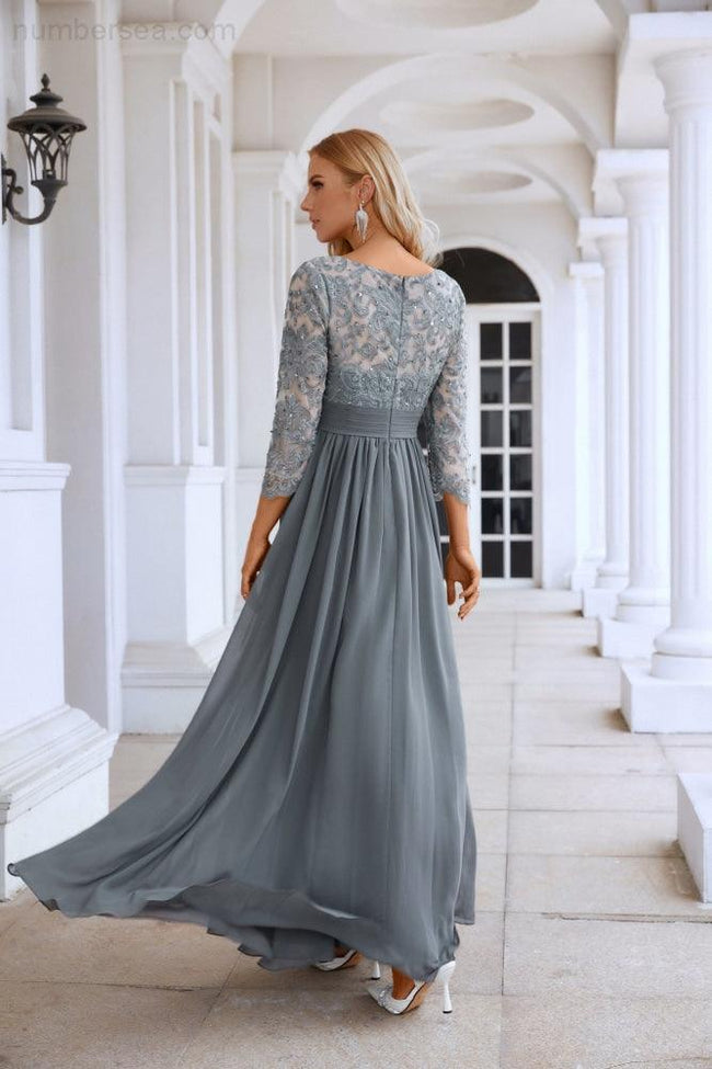 Ladies Round Neck Long Sleeve Lace Chiffon Bridesmaid Evening Dress Prom Wedding Evening Dress SY28114 Main Image