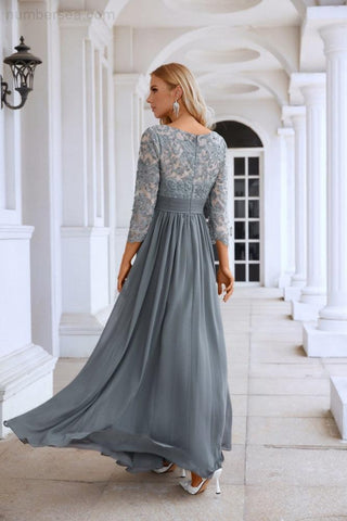 Ladies Round Neck Long Sleeve Lace Chiffon Bridesmaid Evening Dress Prom Wedding Evening Dress SY28114