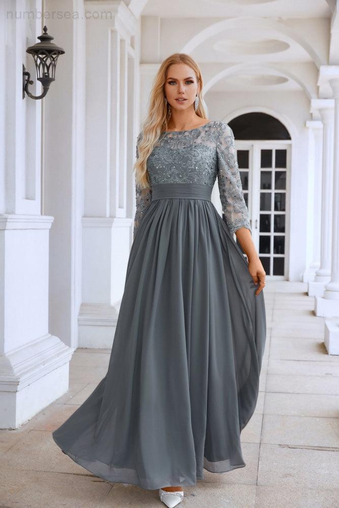 Ladies Round Neck Long Sleeve Lace Chiffon Bridesmaid Evening Dress Prom Wedding Evening Dress SY28114
