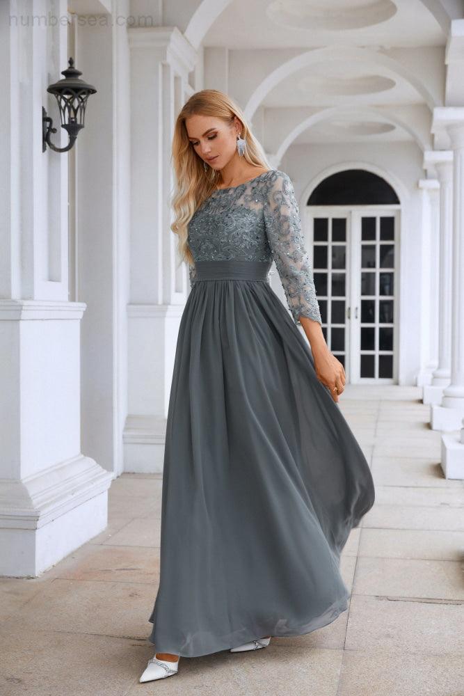 Ladies Round Neck Long Sleeve Lace Chiffon Bridesmaid Evening Dress Prom Wedding Evening Dress SY28114