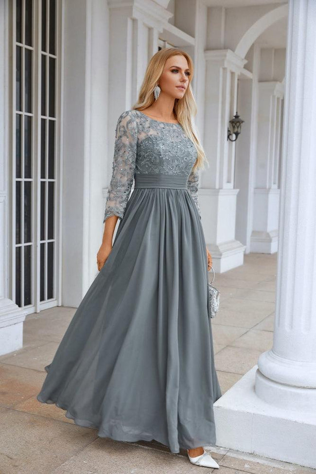 Ladies Round Neck Long Sleeve Lace Chiffon Bridesmaid Evening Dress Prom Wedding Evening Dress SY28114 Hover Image