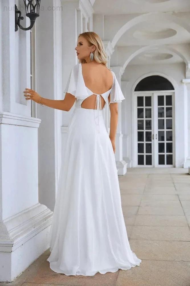 Ladies Chiffon Ruffle Sleeve Front Slit Bridesmaid Evening Dress Prom Wedding Party Evening Dress 28115 by numbersea