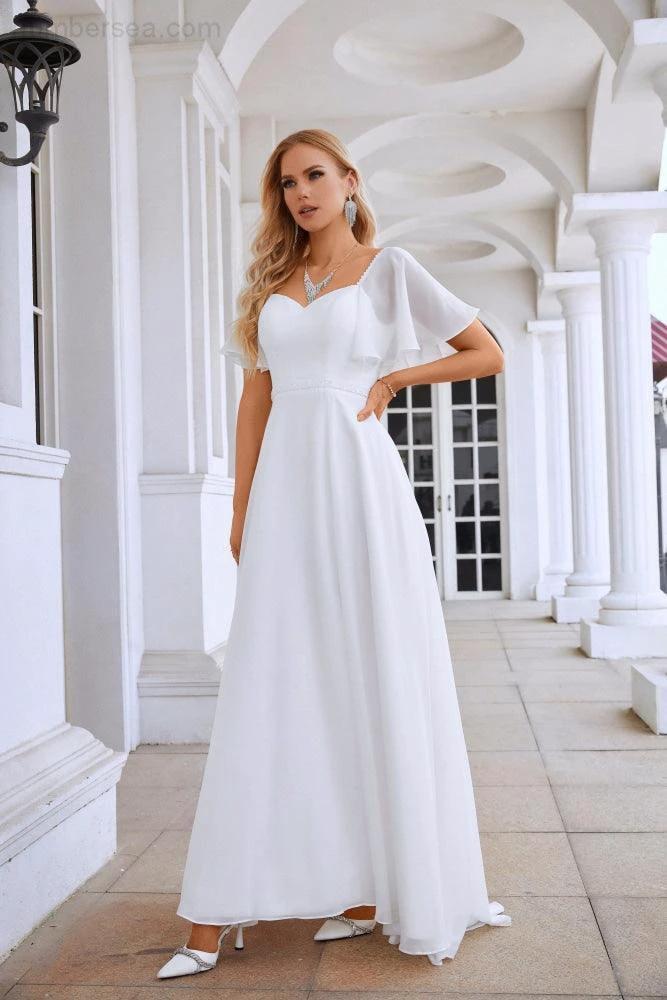 Ladies Chiffon Ruffle Sleeve Front Slit Bridesmaid Evening Dress Prom Wedding Party Evening Dress 28115 by numbersea