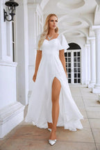 Ladies Chiffon Ruffle Sleeve Front Slit Bridesmaid Evening Dress Prom Wedding Party Evening Dress 28115 by numbersea