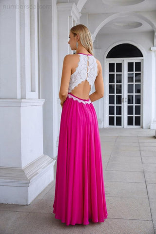 Women's Halter Neck Sleeveless Chiffon Lace Bridesmaid Evening Dress Wedding Prom Party Evening Dress 28120