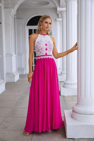 Women's Halter Neck Sleeveless Chiffon Lace Bridesmaid Evening Dress Wedding Prom Party Evening Dress 28120