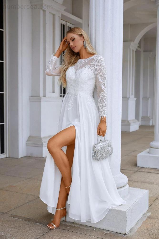 Ladies Round Neck Long Sleeve Front Slit Chiffon Lace Floor Length Bridesmaid Evening Dress Wedding Prom Party Evening Dress 28122 by numbersea