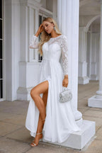 Ladies Round Neck Long Sleeve Front Slit Chiffon Lace Floor Length Bridesmaid Evening Dress Wedding Prom Party Evening Dress 28122 by numbersea