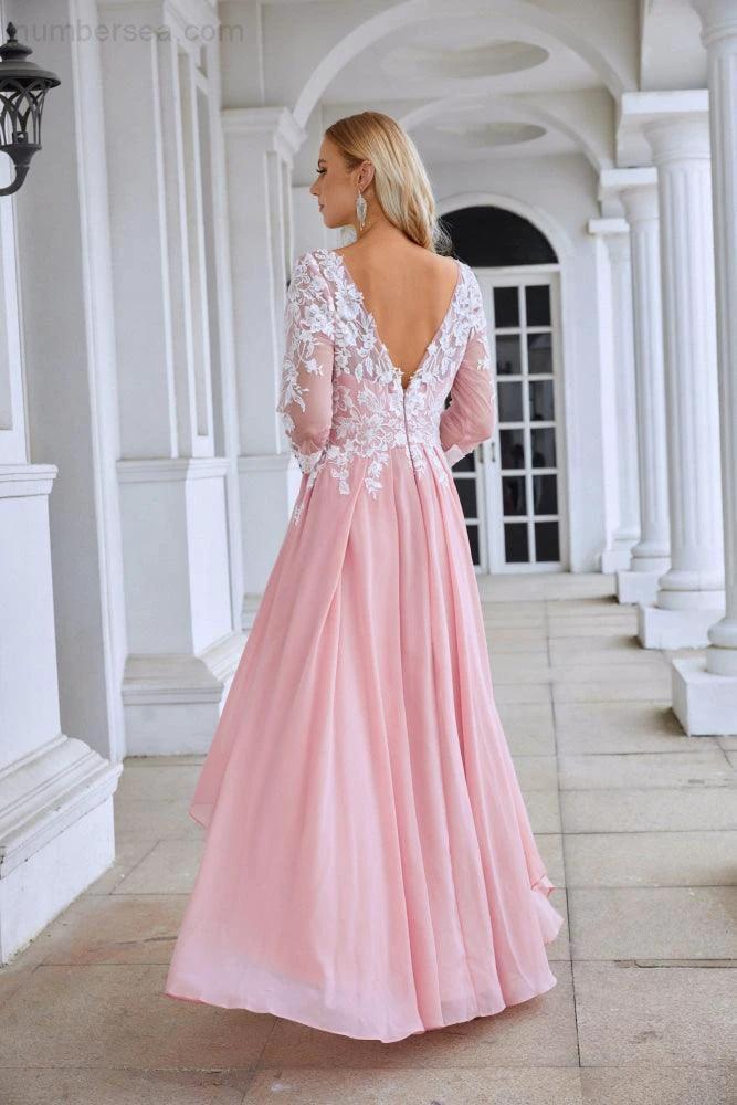 Ladies Round Neck Long Sleeve Chiffon Lace Short Front Short Back Length Length Bridesmaid Evening Dress Wedding Evening Dress 28123 by numbersea