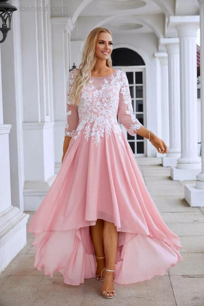 Ladies Round Neck Long Sleeve Chiffon Lace Short Front Short Back Length Length Bridesmaid Evening Dress Wedding Evening Dress 28123 by numbersea