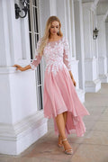 Ladies Round Neck Long Sleeve Chiffon Lace Short Front Short Back Length Length Bridesmaid Evening Dress Wedding Evening Dress 28123 by numbersea