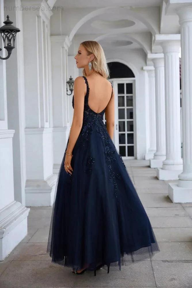 Women's Chiffon V Neck Tulle Embroidery Floor Mop Bridesmaid Evening Dress Prom Wedding Party Evening Dress 28128 by numbersea
