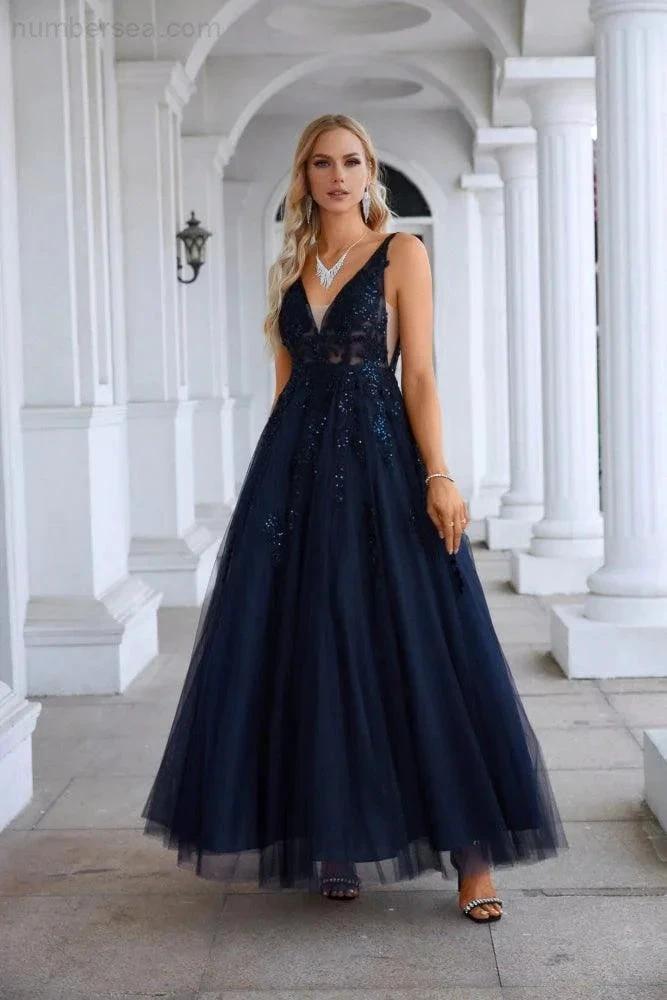 Women's Chiffon V Neck Tulle Embroidery Floor Mop Bridesmaid Evening Dress Prom Wedding Party Evening Dress 28128 by numbersea