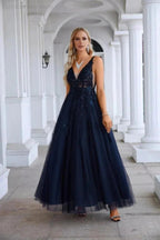 Women's Chiffon V Neck Tulle Embroidery Floor Mop Bridesmaid Evening Dress Prom Wedding Party Evening Dress 28128 by numbersea