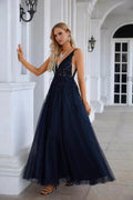 Women's Chiffon V Neck Tulle Embroidery Floor Mop Bridesmaid Evening Dress Prom Wedding Party Evening Dress 28128 by numbersea