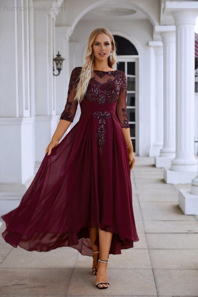 Damen Chiffon V-Ausschnitt Tüll Bestickte Pailletten Brautjungfer Abendkleid Abschlussball Hochzeit Partykleid SY28129 