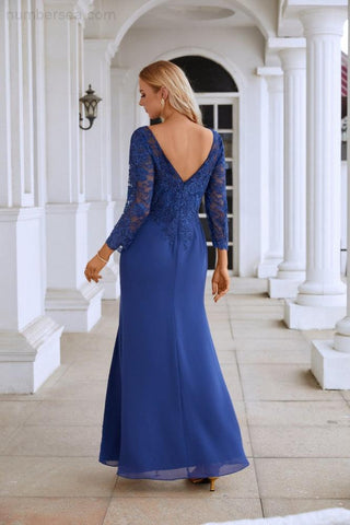 Women's Chiffon V Neck Embroidery Long Sleeve Front Slit Bridesmaid Dresses Wedding Party Prom Evening Dress SY28130