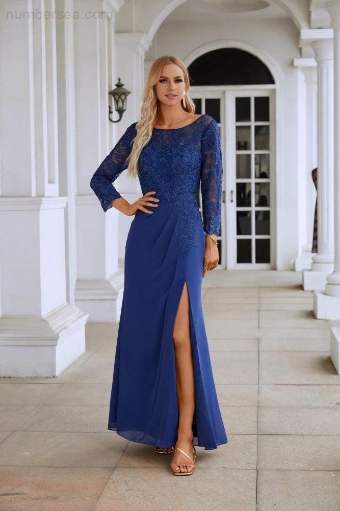 Women's Chiffon V Neck Embroidery Long Sleeve Front Slit Bridesmaid Dresses Wedding Party Prom Evening Dress SY28130 by numbersea