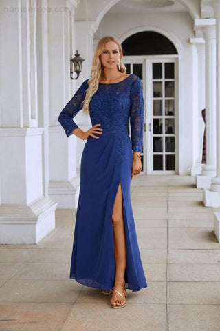 Women's Chiffon V Neck Embroidery Long Sleeve Front Slit Bridesmaid Dresses Wedding Party Prom Evening Dress SY28130