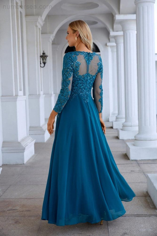 Chiffon Lace Long Sleeve Round Neck Bridesmaid Evening Dress Wedding Party Prom Evening Dress SY28132 Main Image