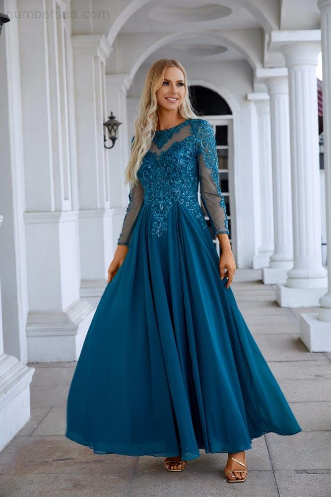 Chiffon Lace Long Sleeve Round Neck Bridesmaid Evening Dress Wedding Party Prom Evening Dress SY28132