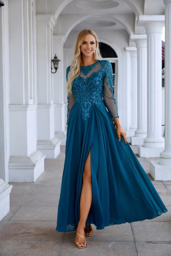 Chiffon Lace Long Sleeve Round Neck Bridesmaid Evening Dress Wedding Party Prom Evening Dress SY28132