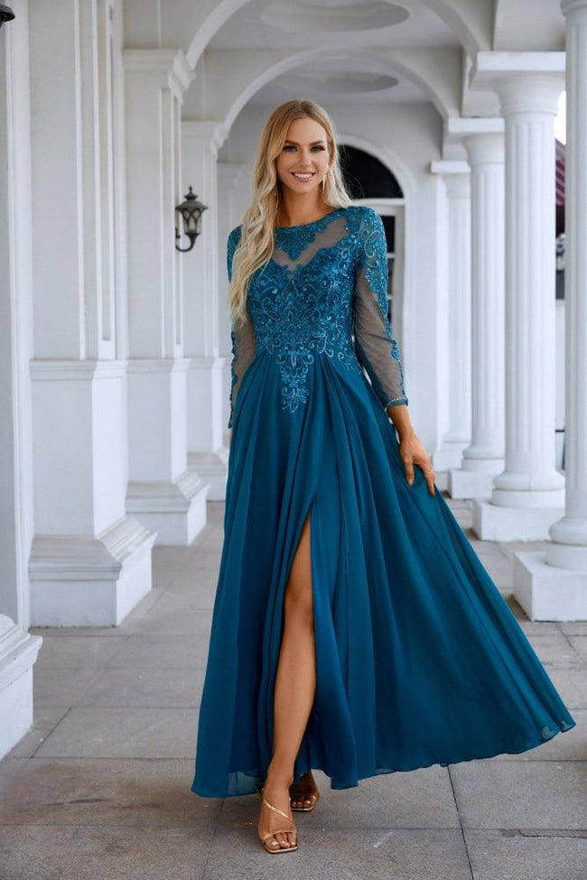 Chiffon Lace Long Sleeve Round Neck Bridesmaid Evening Dress Wedding Party Prom Evening Dress SY28132 Hover Image