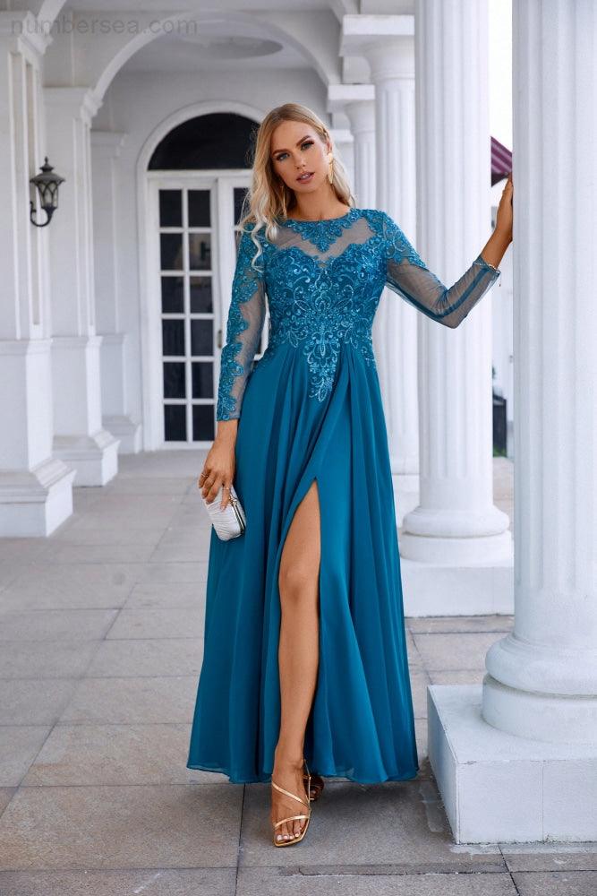 Chiffon Lace Long Sleeve Round Neck Bridesmaid Evening Dress Wedding Party Prom Evening Dress SY28132