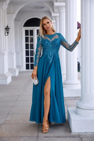 Chiffon Lace Long Sleeve Round Neck Bridesmaid Evening Dress Wedding Party Prom Evening Dress SY28132