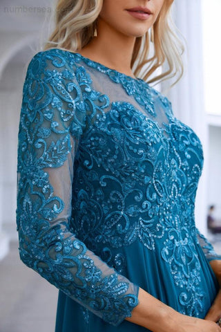 Chiffon Lace Long Sleeve Round Neck Bridesmaid Evening Dress Wedding Party Prom Evening Dress SY28132