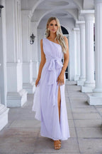 One Shoulder Sleeveless Chiffon Bow Bridesmaid Evening Dress Wedding Prom Party Evening Dress SEA28133 by numbersea