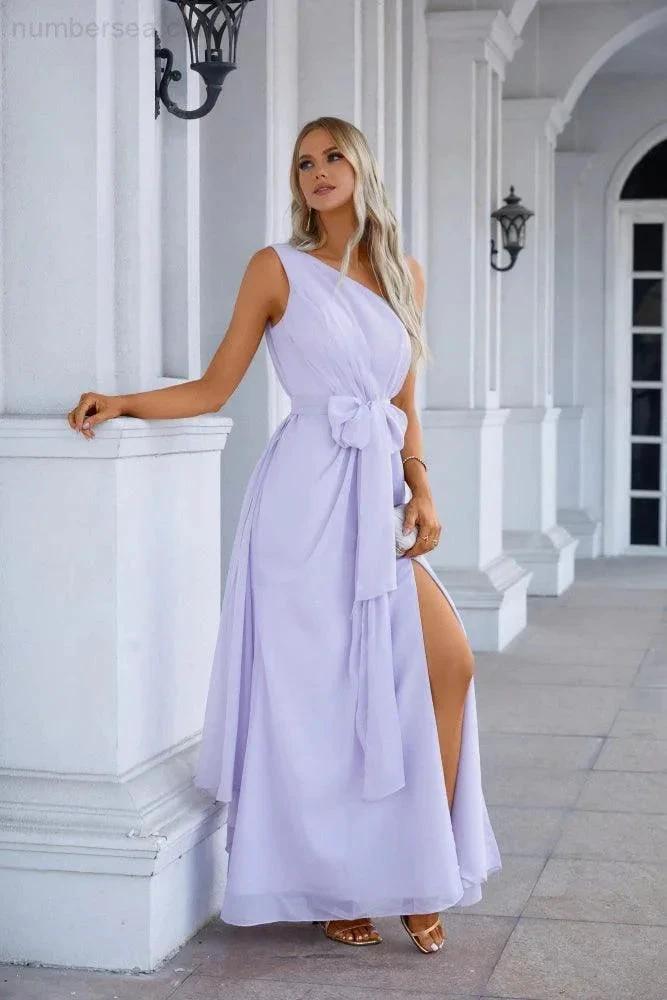One Shoulder Sleeveless Chiffon Bow Bridesmaid Evening Dress Wedding Prom Party Evening Dress SEA28133 by numbersea