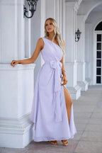 One Shoulder Sleeveless Chiffon Bow Bridesmaid Evening Dress Wedding Prom Party Evening Dress SEA28133 by numbersea